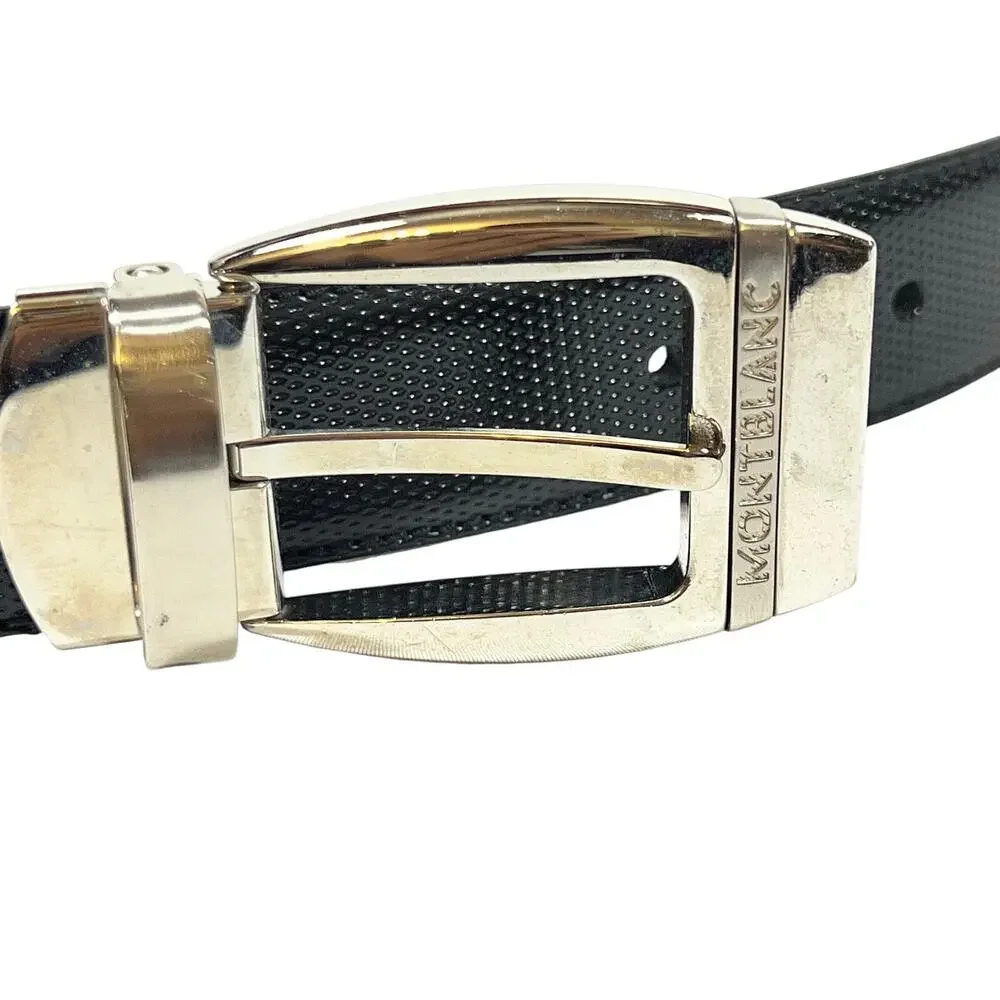 Montblanc Men Textured Black Leather Belt Silver Square Buckle 46